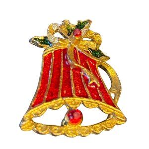 Vintage Holiday Bell Brooch Pin With Red Enamel & Gold-Tone Metal